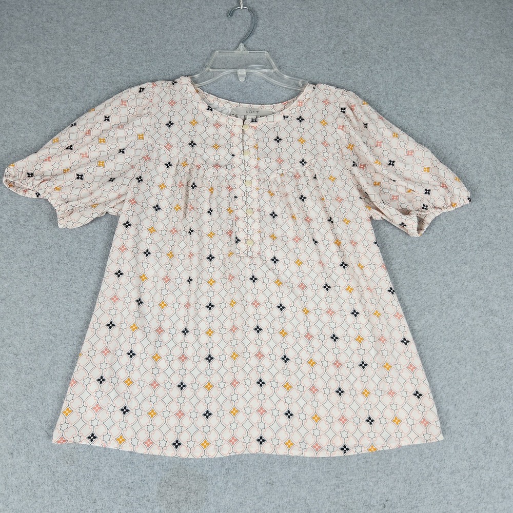 LOFT Blouse Top Womens XS White Geometric Tile Print Rayon Puff Sleeve Popover